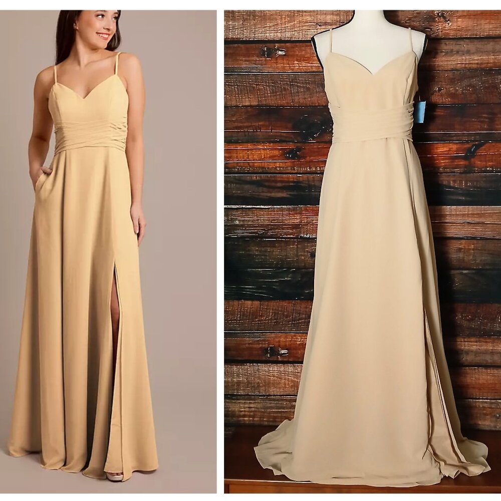 NWT DB Studio Celebrate Dress Size 12 Full Maxi Gown Golden Tan Chiffon Tie Back